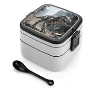 A Mechanical Dinosaur in A Ruined City Bento Box 1000ml Leak Proof Lunch Container with Removable Dividers & Spoon - BPA-Free PP Stackable Lunch Box for Work, Office, Picnic, Travel, Dining Out
