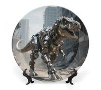 A Mechanical Dinosaur in A Ruined City Ceramic Plate 6inch Decorative Bone China Wall Hanging Ornament Plates Bohemian Style Dinner Plate with Display Stand Cabinet Display Plates for Home Art Decor