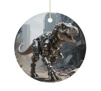 A Mechanical Dinosaur in A Ruined City Double-Sided Ceramic Christmas Ornaments - Round Hanging Mini Xmas Tree Decorations, Ideas for Farmers, Rustic Home Decor for Indoor Outdoor Tree De