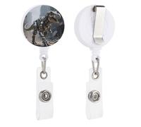 A Mechanical Dinosaur in A Ruined City Retractable Badge Reel - Personalized ID Name Badge Holder with Lanyard Cute Badges Reel Holder Round Nurse Doctor Name Tag Badges Clip for Work