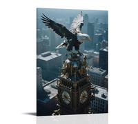 A Mechanical Eagle Perches on The Top of The Clock Tower, Metal Wings Reflecting Morning Light, Gears Exposed Modern Hanging Wall Decor - Artistic Mural Print24x36inch(60x90cm)
