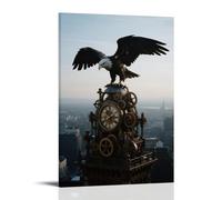 A Mechanical Eagle Perches on The Top of The Clock Tower, Metal Wings Reflecting Morning Light, Gears Exposed Trendy Hanging Wall Art Decorative Mural Poster12x18inch(30x45cm)
