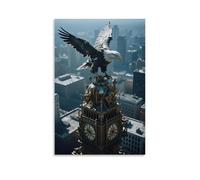 A Mechanical Eagle Perches on The Top of The Clock Tower, Metal Wings Reflecting Morning Light, Gears Exposed Modern Hanging Wall Decor - Artistic Mural Print16x24inch(40x60cm)