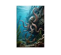 A Mechanical Octopus's Tentacles Wrap Around A Sunken Ship's Anchor Chain, Pupils Are Rotating Gears, Seaweed Sways Around Fashionable Wall Decor - Hanging Art Poster And Mural24x36inch(60x90cm)