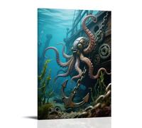 A Mechanical Octopus's Tentacles Wrap Around A Sunken Ship's Anchor Chain, Pupils Are Rotating Gears, Seaweed Sways Around Wall Art Mural Modern Decoration Hanging Art Poster 24x36inch(60x90cm)