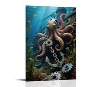 A Mechanical Octopus's Tentacles Wrap Around A Sunken Ship's Anchor Chain, Pupils Are Rotating Gears, Seaweed Sways Around Fashionable Wall Decor - Hanging Art Poster And Mural12x18inch(30x45cm)
