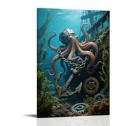 A Mechanical Octopus's Tentacles Wrap Around A Sunken Ship's Anchor Chain, Pupils Are Rotating Gears, Seaweed Sways Around Stylish Wall Hanging Art - Decorative Poster Mural08x12inch(20x30cm)
