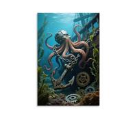 A Mechanical Octopus's Tentacles Wrap Around A Sunken Ship's Anchor Chain, Pupils Are Rotating Gears, Seaweed Sways Around Stylish Wall Hanging Art - Decorative Poster Mural24x36inch(60x90cm)