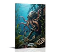 A Mechanical Octopus's Tentacles Wrap Around A Sunken Ship's Anchor Chain, Pupils Are Rotating Gears, Seaweed Sways Around Contemporary Wall Mural - Decorative Hanging Poster Art 12x18inch(30x45cm)