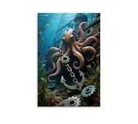 A Mechanical Octopus's Tentacles Wrap Around A Sunken Ship's Anchor Chain, Pupils Are Rotating Gears, Seaweed Sways Around Fashionable Wall Decor - Hanging Art Poster And Mural08x12inch(20x30cm)