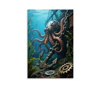 A Mechanical Octopus's Tentacles Wrap Around A Sunken Ship's Anchor Chain, Pupils Are Rotating Gears, Seaweed Sways Around Contemporary Hanging Wall Art - Decorative Mural Design24x36inch(60x90cm)