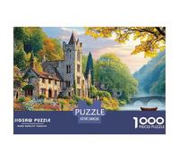 A_medieval_castle_perched_on_the_bank_of_an_ancient_river_bat Jigsaw Puzzles Puzzles for Adults Kids. 1000 Pieces Castle by River Warm-hued Landscape Impossible Challenge Toy Educational Game Home De