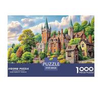 A_medieval_castle_surrounded_by_greenery_with_two_people_row Jigsaw Puzzles Puzzle for Adults Kids. 1000 Pieces Colorful Towers Riverside Town Whimsical Challenge Toy Educational Games Home Decoratio