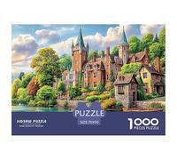 A_medieval_castle_surrounded_by_greenery_with_two_people_row Jigsaw Puzzles Puzzle for Adults Kids. 1000 Pieces Colorful Towers Riverside Town Whimsical Challenge Toy Educational Game Home Decoration