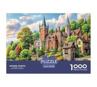 A_medieval_castle_surrounded_by_greenery_with_two_people_row Jigsaw Puzzles Puzzle for Adults Kids. 1000 Piece Colorful Towers Riverside Town Whimsical Challenge Toy Educational Game Home Decoration