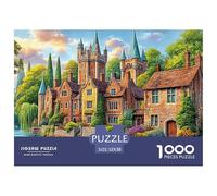 A_medieval_castle_surrounded_by_greenery_with_two_people_row Jigsaw Puzzles Puzzles for Adults Kids. 1000 Piece Castle by River Colorful Towers Impossible Challenge Toy Educational Game Home Decorati