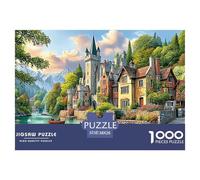 A_medieval_castle_surrounded_by_nature_with_people_rowing_on Jigsaw Puzzles Puzzle for Adults Kids. 1000 Pieces Castle Village Boats on River Great Gifts Challenge Toy Educational Game Home Decoratio