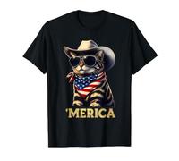 A-Merica Cat Cowboy Hat USA Flag Patriotic Fourth July Value Graphic T-Shirt, Men, Black, M