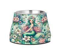 A Mermaid Girl Surrounded by Delicate Flowers Dog Raised Bowl, 540 ML Feeding Food Pet Bowl Stainless Steel Non-slip High Capacity Cat Bowl