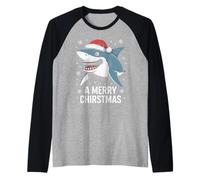 A Merry Christmas Funny Shark Santa Hat Raglan Baseball Tee
