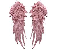 A Mirror Pair Feather Wing Shape lace Motif Applique sew on Shoulder lace Cap Sleeves Patch for Dress Making Sewing (Pink) (No Feather on lace)