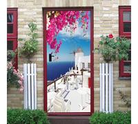 A.Monamour 3D Door Stickers Door Cover Windmill of Oia On Santorini Island with Flowers, Greece Vinyl Waterproof Self Adhesive Mural Interior Decals for Bedroom Bathroom 95 x 215 cm