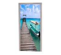 A.Monamour 3D Door Stickers for Interior Doors Beach Wood Pier Bridge Into Blue Ocean Sea Boat On Water Nature Landscape Scenery Picture Vinyl Door Decals Door Murals Posters for Bedroom Bathroom