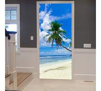 A.Monamour 3D Door Stickers for Interior Doors Coconut Palm Tree Sandy Beach Blue Ocean White Clouds Nature Vinyl Waterproof Self Adhesive Door Mural Decals for Bedroom Office Bathroom 83 x 204 cm