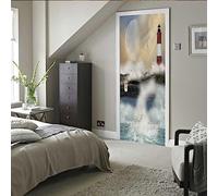 A.Monamour 3D Door Stickers for Interior Doors Lighthouse in A Cliff with Big Waves Vinyl Waterproof Self Adhesive Door Mural Decals for Bedroom Office Bathroom 77x200cm