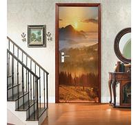 A.Monamour 3D Door Stickers for Interior Doors Mountain Village Sunrise in The Fog with Yellow Light Vinyl Removable Self Adhesive Door Poster Wallpaper Mural Decals for Bedroom Office Bathroom