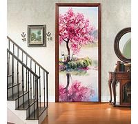 A.Monamour 3D Door Stickers for Interior Doors Oriental Cherry Tree Sakura on the Lake Oil Painting Landscape Vinyl Waterproof Self Adhesive Door Mural Decals for Bedroom Office Bathroom 77 x 200 cm