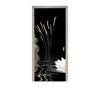 A.Monamour 3D Door Stickers for Interior Doors Spa Stones White Lotus Lily Wild Grasses With Reflection Over Rippled Water Zen On Black Background Vinyl Self Adhesive Door Poster Decals 77x200cm