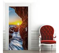 A.Monamour 3D Door Stickers for Interior Doors Sunrise from The Mountain Cave Seascape Vinyl Waterproof Self Adhesive Door Mural Decals for Bedroom Office Bathroom 77x200cm