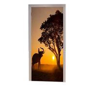 A.Monamour 3D Door Stickers for Interior Doors Traditional African Tribal Elephant Under Tree at Sunset Time Landscape Picture Vinyl Door Decals Door Murals Removable Posters for Bedroom Bathroom