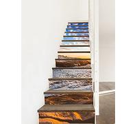 A.Monamour 3D Self-Adhesive Removable Stair Stickers Ocean Coast Beach Lighthouse Cloudy Sky Sunset Scenery Vinyl Stair Riser Decals Kitchen Tile Stickers Mural Wall Stickers Wallpaper 13 Pieces