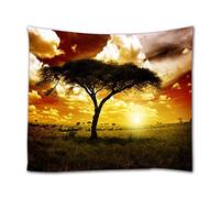 A.Monamour Africa Sunset Cloudy Sky Lone Tree Green Meadow Animals Nature Landscape Boho Hippie Mandala Wall Hanging Tapestry Wall Mural Curtain Fabric Tablecloth