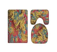 A.Monamour Ancient Asian Chinese Golden Dragon Fengshui Lucky Totem Background Soft Flannel Cloth Washable Bath Mat Rug Set Toilet Seat Covers Toilet Lid Covers Cushions Toilet Accessories