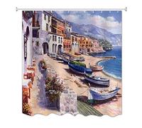 A.Monamour Ancient Oil Painting Art Print Blue Ocean Sea Mountains City Buildings Scenery Landscape Theme Fabric Polyester Shower Curtain For Bathroom Accessory 150X180 Cm / 60"X72"