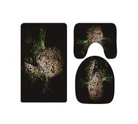 A.Monamour Bath Mat Set of 3 Jaguar Walking in Tropical Forest Animal Themed Flannel Washable Toilet Pedestal Mat Toilet Seat Lid Covers Cushions Pads Non Slip Bathtub Rug
