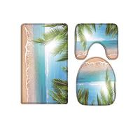 A.Monamour Bath Mat Set of 3 Tropical Sandy Beach Palm Coconut Tree Blue Sky Ocean Waves Nature Flannel Washable Toilet Pedestal Mat Toilet Seat Lid Covers Cushions Pads Non Slip Bathtub Rug