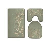 A.Monamour Bath Mat Set of 3 Watercolor Birds Tree Branch Flowers Green Background Flannel Washable Toilet Pedestal Mat Toilet Seat Lid Covers Cushions Pads Non Slip Bathtub Rug
