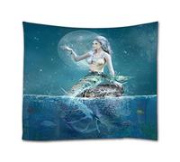 A.Monamour Beautiful Mermaid Sits On A Rock Blue Ocean Fish Fantasy Seascape Scenery Boho Hippie Mandala Wall Hanging Tapestry Wall Mural Curtain Fabric Tablecloth