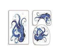 A.Monamour Blue Octopus Silhouette Watercolor Sketch White Backgrounds Art Print Soft Flannel Cloth Washable Bath Mat Rug Set Toilet Seat Covers Toilet Lid Covers Cushions Toilet Accessories