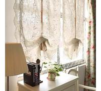 A.Monamour Cotton Linen Semi Transparent Floral Embroidered Fabric Balloon Curtain Window Roman Shades Window Treatment Tie Up Curtain Farmhouse Adjustable Tie Tieup, Rod Pocket/Pinch Pleat, 2 Pieces