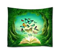 A.Monamour Enchanted Magic Forest At Sunrise Colorful Butterfly A Open Book Fairytale Scene Boho Hippie Mandala Wall Hanging Tapestry Wall Mural Art Decors Fabric Tablecloth 130x153cm