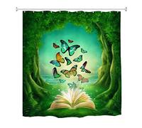 A.Monamour Enchanted Magic Forest at Sunrise Colorful Butterfly A Open Book Fairytale Scene Waterproof Long Thicken Fabric Polyester Shower Curtain Set With Hooks 180x180 cm/ 72x72