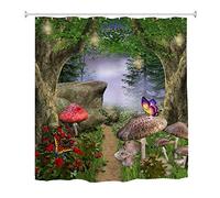 A.Monamour Enchanted Magic Forest Pathway Colorful Mushroom Butterfly Fairytale Scene Print Waterproof Polyester Fabric Shower Curtain Set With Hooks For Bathroom, Non Plastic Peva 180x180 cm/ 72x72