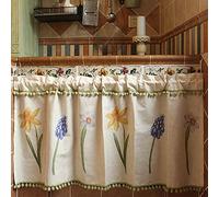 A.Monamour Linen Retro Rural Farmhouse Daffodil Flowers Half Curtain Small Short Kitchen Curtain Window Treatments Valance Dust-proof Curtain for Cabinet Door Café 135x125cm