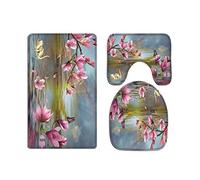 A.Monamour Magnolia Flower Butterfly Swan Reflection In Lake Water Zen Nature Scenery Soft Flannel Cloth Washable Bath Mat Rug Set Toilet Seat Covers Toilet Lid Covers Cushions Toilet Accessories