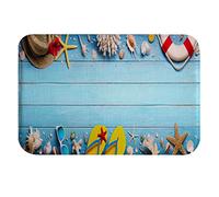 A.Monamour Non-Slip Water Absorbent Washable Bath Mat Beach Accessories Seashells Starfish Flip-Flops Blue Wood Planks Soft Flannel Mat Rug Carpet for Bathroom Bathtub Shower Kitchen Bedroom 40x60cm